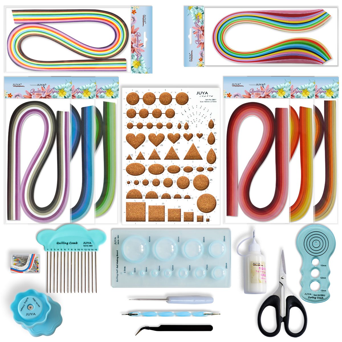 JUYA Paper Quilling Kit with Blue Tools 960 Strips Board Mould Crimper Coach Comb (Paper Width 3mm with Glue) JUYA