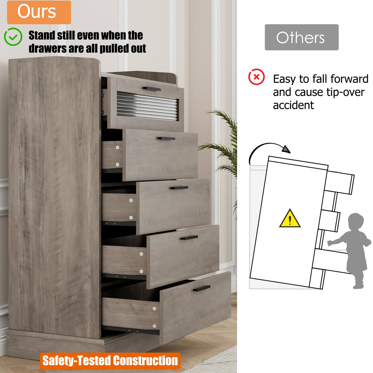 HOSTACK Modern 5 Drawer Dresser, Tall Dresser Chest of Drawers with Metal Handles, Wood Dressers Storage Cabinet with Anti-Drop Fence & Fluted Glass for Living Room, Entryway, Ash Gray HOSTACK