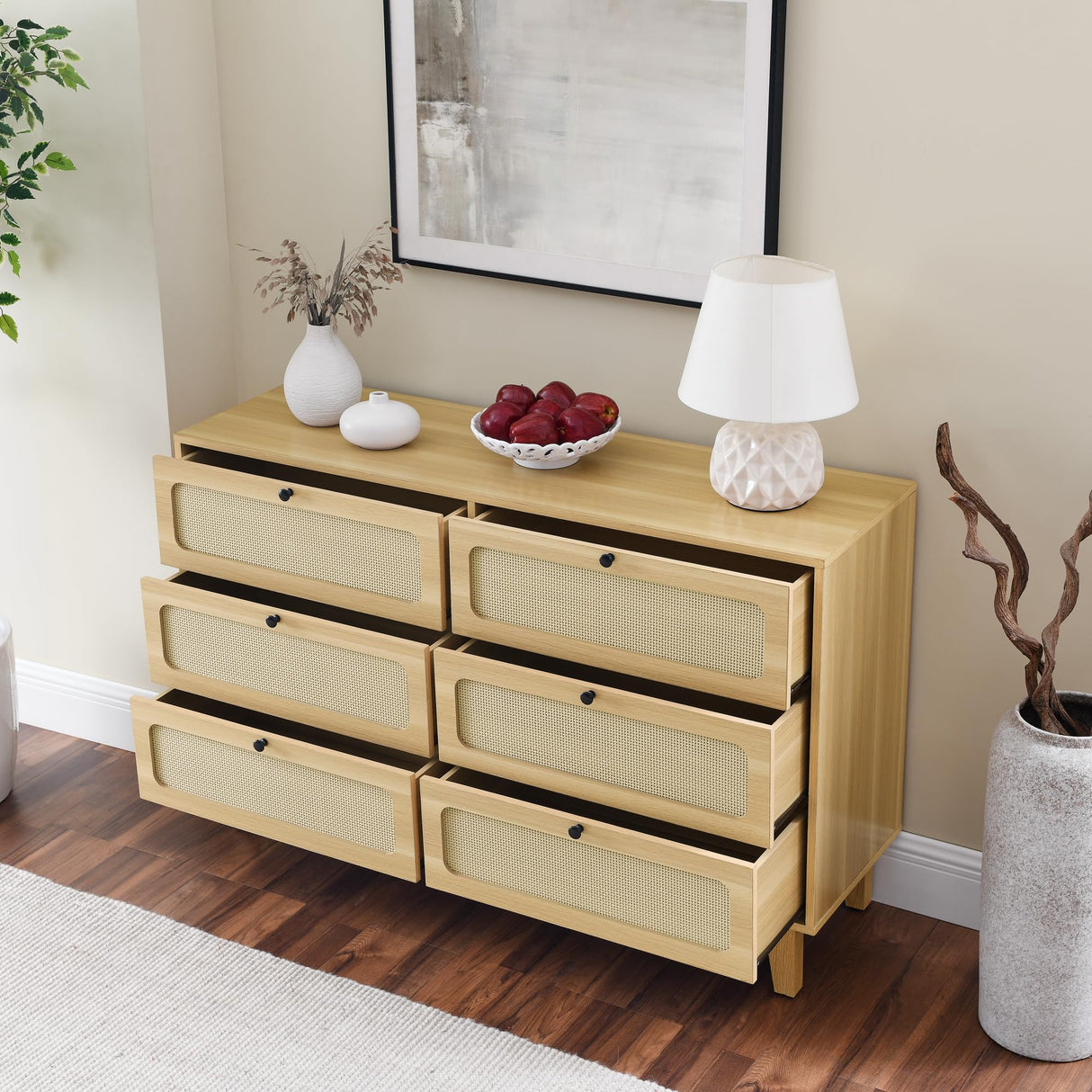 ROCKINGRUN 6 Drawer Rattan Dresser for Bedroom, Modern Wood Storage Closet Dressers Chest of Drawers with Golden Handles, Side Accent Table Organizer for Living Room Hallway Entryway (Natural) ROCKINGRUN
