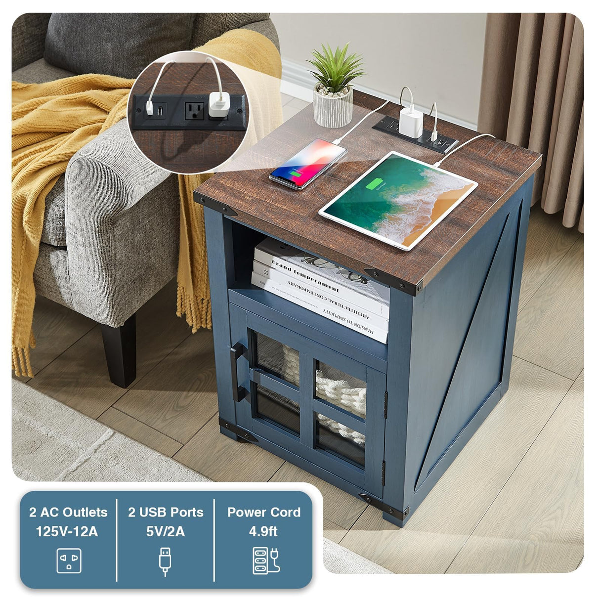 Barnyatoh Farmhouse Nightstand with Charging Station, Rustic End Table with Tempered Glass Barn Door, Wood Sofa Side Bedside Table with Open Storage Shelf for Living Room, Bedroom, Blue Barnyatoh