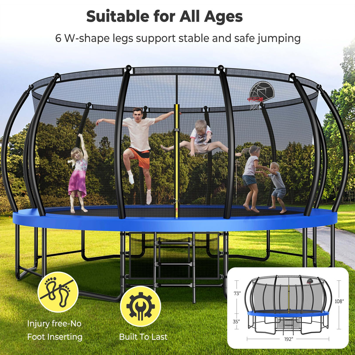 Lyromix 16FT Outdoor Trampolines for Kids and Adults, Pumpkin Trampolin with Curved Poles, Recreational Trampolin with Basketball Hoop and Safety Enclosure Net for Kids and Adults Lyromix