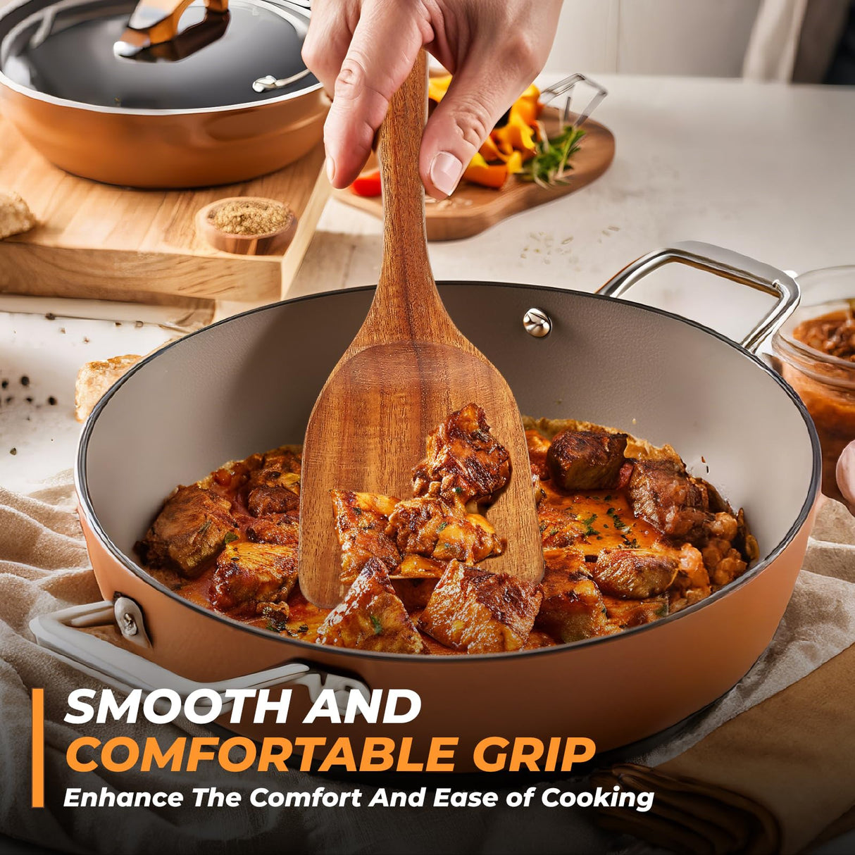 Natural Solid Teak Wooden Cooking Utensils for Nonstick Cookware, Wooden Kitchen Utensils Set Includes Spoons, Spatulas, Strainer Spoon, Salad Fork with Holder and Spoon Rest (9PCS) AIUHI