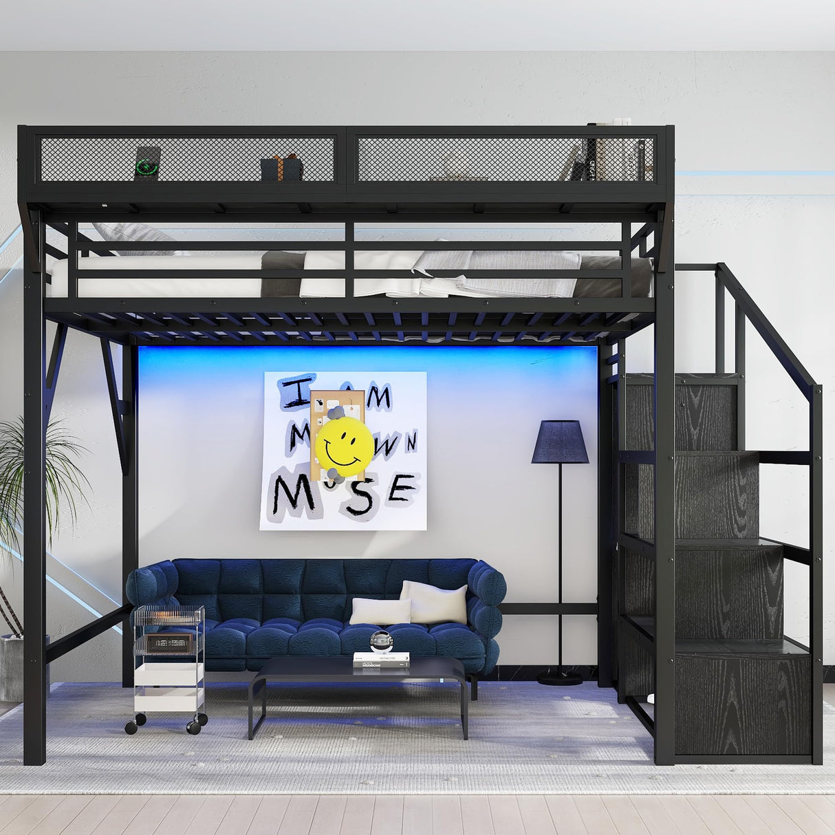 Metal Queen Size Loft Bed with Stairs and Wardrobe,Heavy Duty Loft Bed Frame with LED Lights and Charging Station for for Kids, Teens, Adults,Black Woodgrain Bellemave