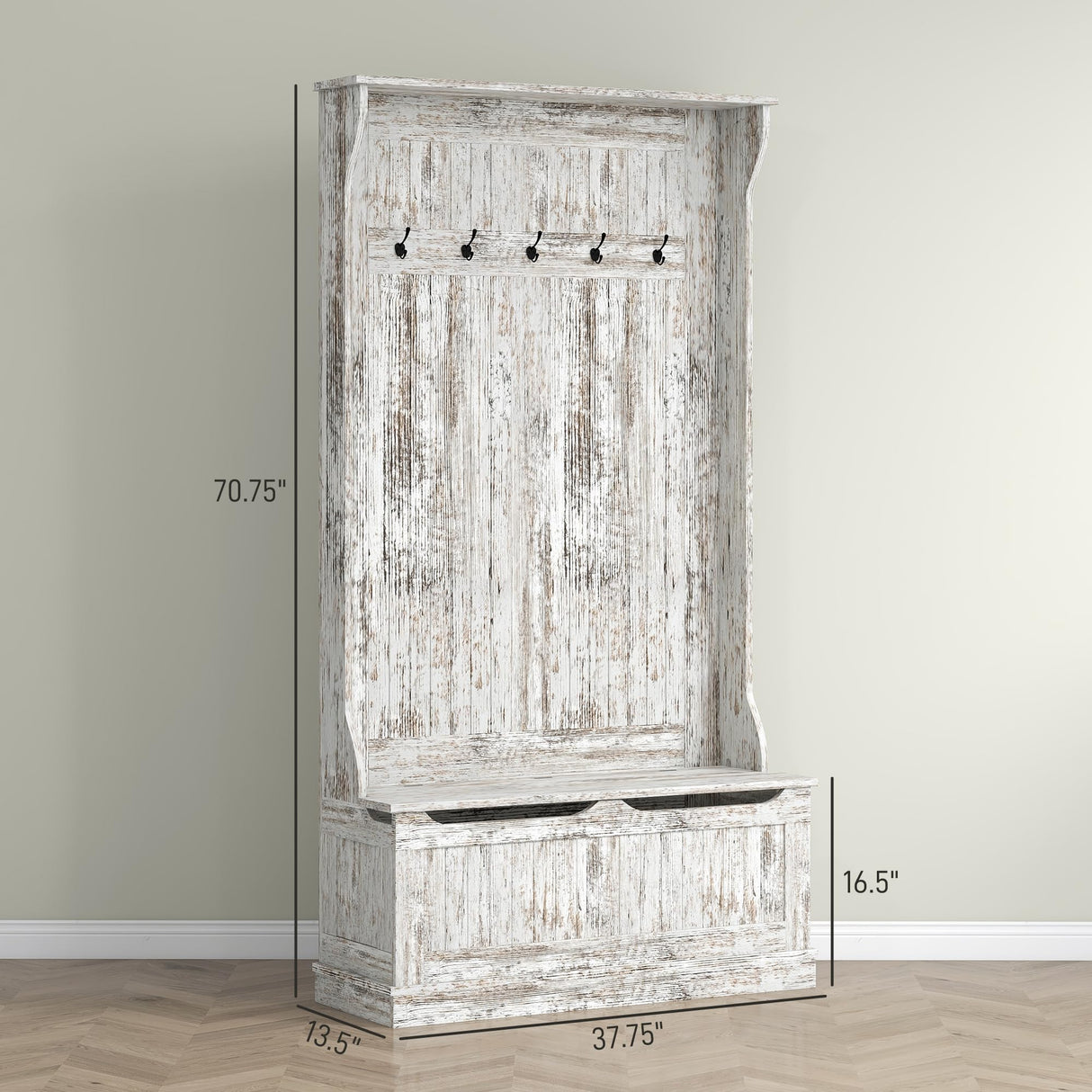 HOMCOM 3-In-1 Hall Tree with Shoe Storage, Standing Coat Rack with Shoe Bench, Entryway Organizer with Five Hooks, Distressed White HOMCOM