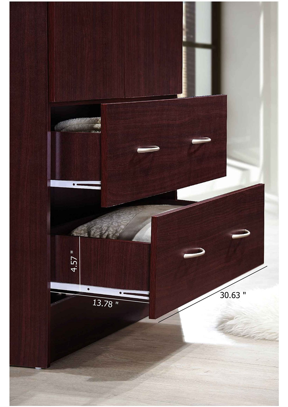HODEDAH 2 Door Wood Wardrobe Bedroom Closet with Clothing Rod inside Cabinet and 2 Drawers for Storage, Mahogany Hodedah