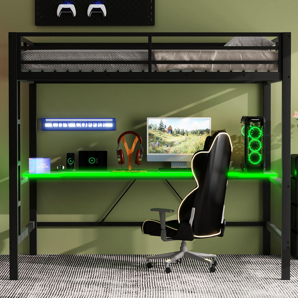 SOFTSEA Full Gaming Loft Bed with Desk & LED Lights, Heavy-Duty Metal Loft Bed with USB Charging Stations, Full Size Gaming Bed with Guardrails for Adults Kids Teens, Easy Assembly, Black SOFTSEA