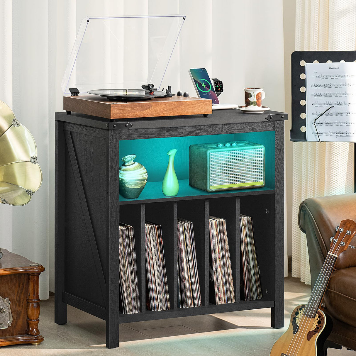 Large Record Player Stand with Charging Station & LED Lights, Black Vinyl Record Storage Holder Holds up to 230 Albums, Turntable Stand with Display Shelf for Music Room Bedroom Living Room. Joaxswe