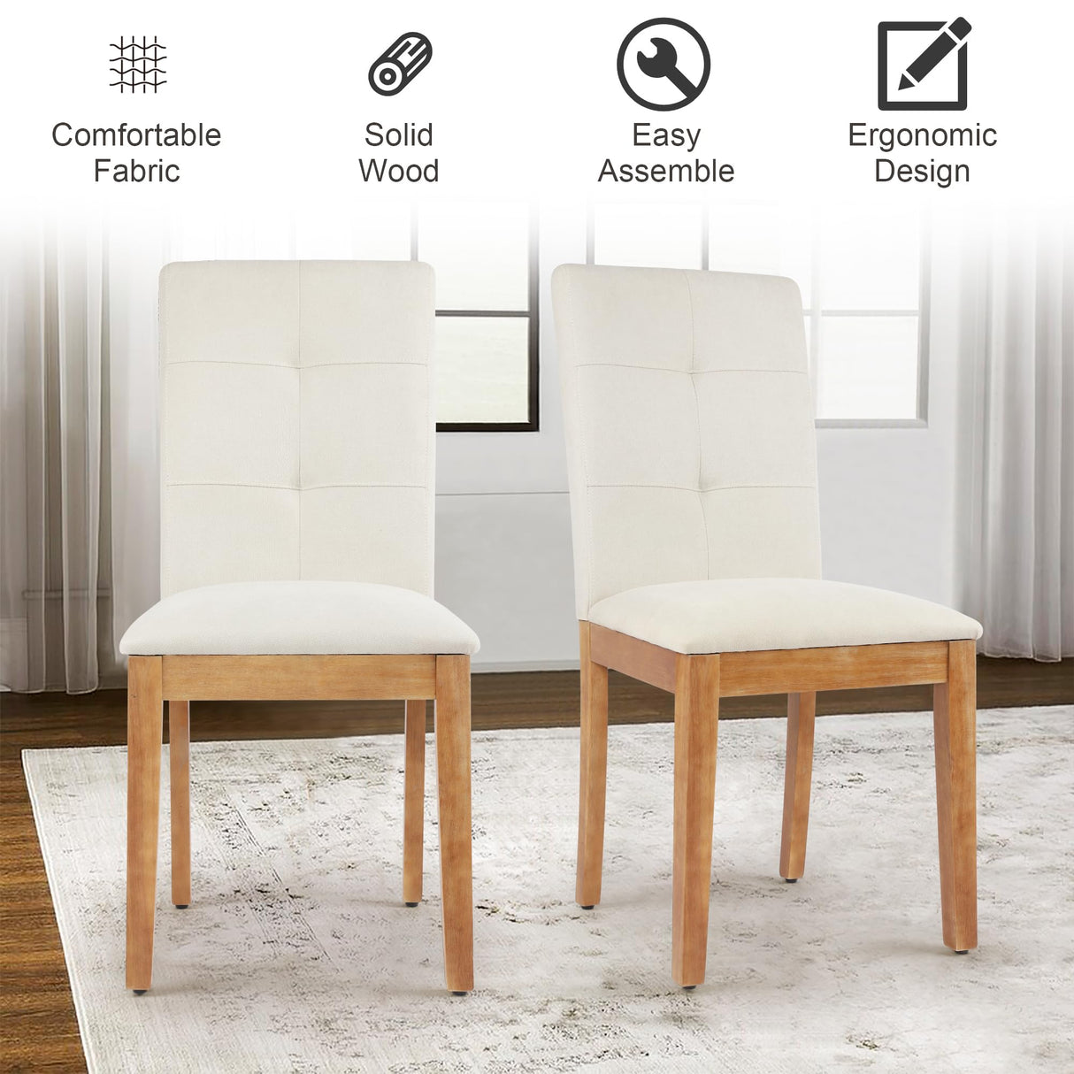 DAGONHIL Dining Chairs Set of 4, Modern Upholstered Fabric Dining Room Chairs, Armless Kitchen Chairs with Wood Legs and Padded Seat for Living Room, Bedroom, Kitchen (Beige) DAGONHIL
