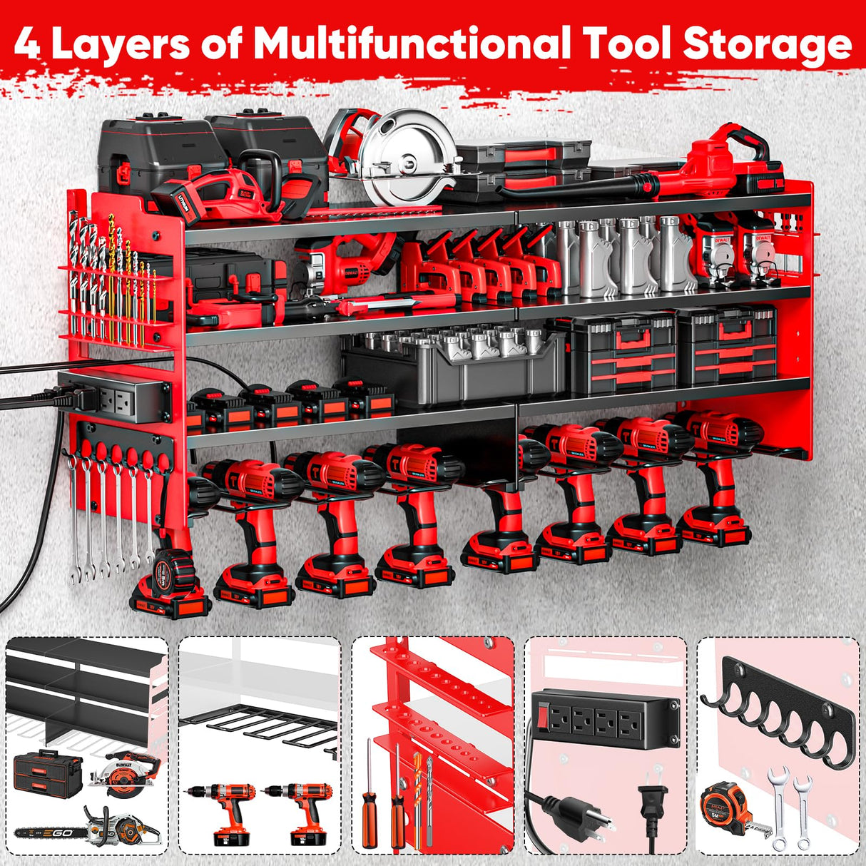 POKIPO Large Power Tool Organizer Wall Mount with Charging Station,4 Layer Heavy Duty Metal Tool Storage Shelf Loads 600lbs,Battery Utility Rack With 4 Outlet Power Strip with 8 Cordless Drill Holder POKIPO