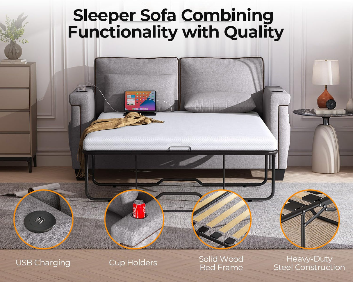 Fadware Pull Out Sofa Bed, Full Size Sleeper Sofa Couch with Memory Foam Mattress, 2 in 1 Convertible Pullout Couch Bed with USB Charging Ports for Compact Living Space, Apartment, Office, Grey Fadware