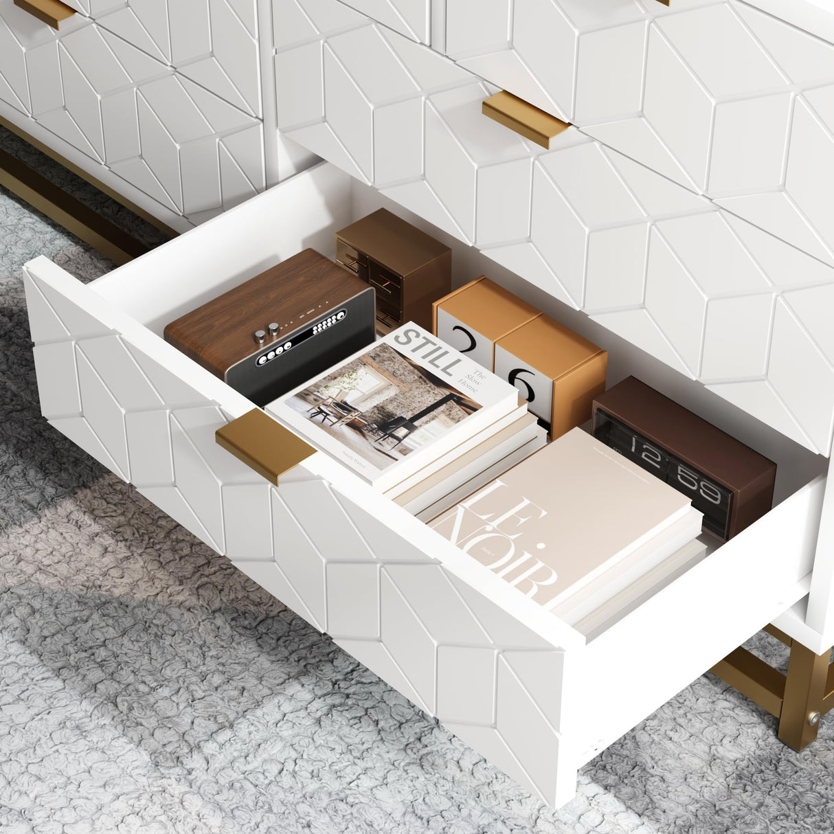 Dresser for Bedroom, 53.5" Wide Dresser Organizer, 7 Drawer with Golden Metal Handle and Legs, Modern Chest of Drawers for Closet, Hallway, Living Room, Entryway, White GAOMON