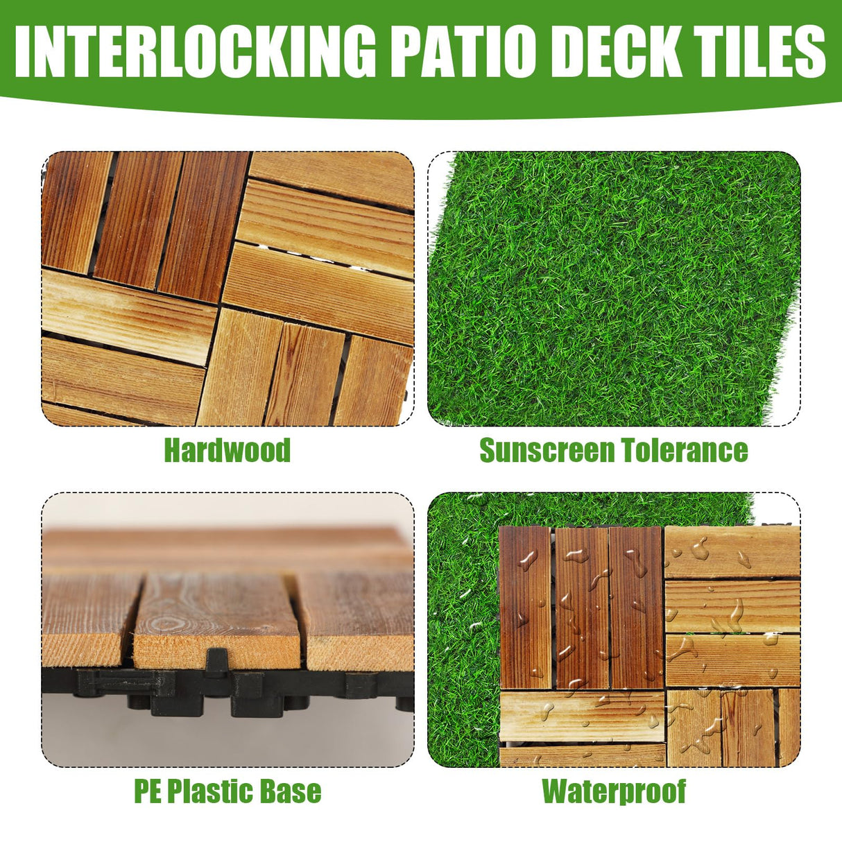 Sasylvia 48 Pcs Hardwood Interlocking Patio Deck Tile and Artificial Grass Tile Waterproof Wood Flooring Tile Interlocking Turf Tile Outdoor Self Draining Tile for Balcony Garden Patio Lawn, 12 x 12'' Sasylvia