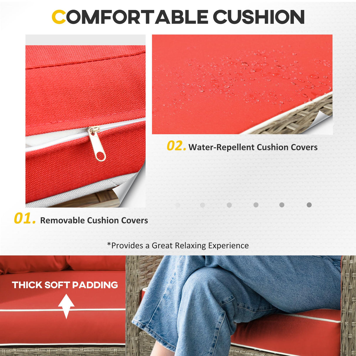 Outsunny 5 Pieces Rattan Wicker Lounge Chair Outdoor Patio Conversation Set with 2 Cushioned Chairs, 2 Ottomans and Tempered Glass Top Coffee Table, Brown/Red Outsunny