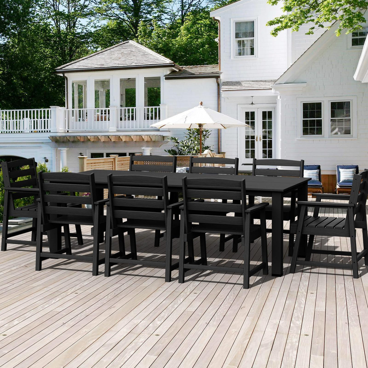 LOUNZY 9-Piece Patio Dining Set, 90'' Outdoor HDPE Luxury Table with 8 Weather-Resistant Chairs for Backyard, Deck, Lawn, Poolside, Black LOUNZY