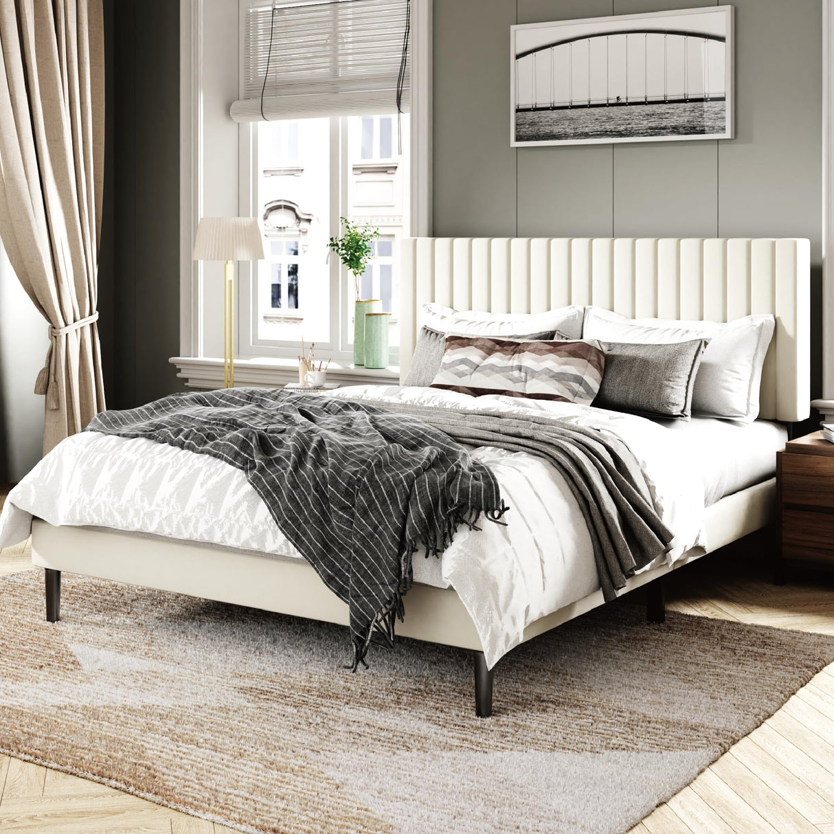 Sismplly Full Size Bed Frame with Velvet Upholstered Headboard, Platform Bed with Strong Wood Slats, Mattress Foundation, Box Spring Optional, Easy Assembly, Beige Sismplly