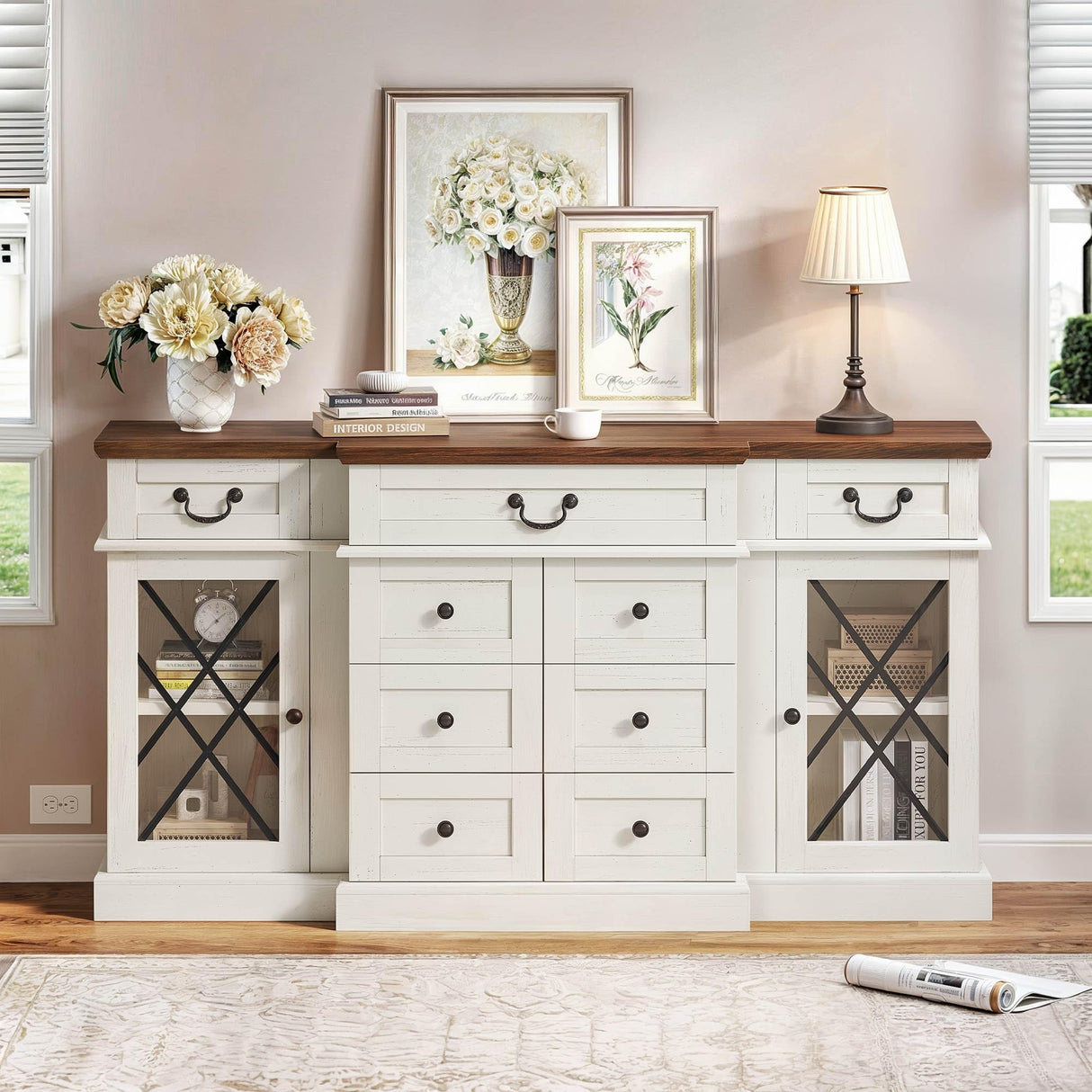 YITAHOME Television Stand for 65/55 Inch TV, Farmhouse TV Stand with 9 Drawers, Adjustable Shelves and Tempered Glass Doors, Entertainment Center TV Media Console for Living Room, Antique White YITAHOME