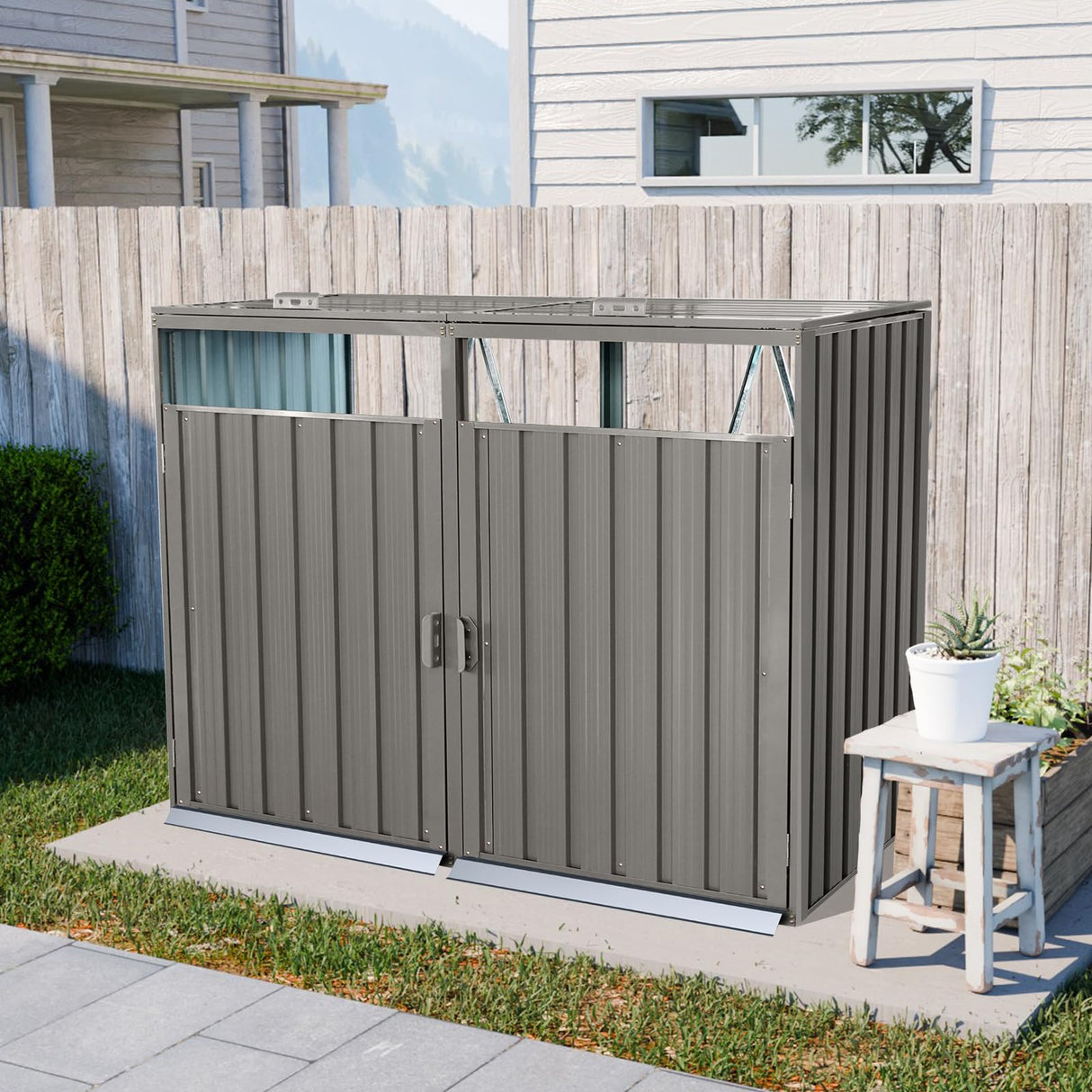 Outdoor Trash Can Storage, Storage Shed for 2 Trash cans and Tools,Waterproof Garbage Bin shed,Metal Trash Can Storage Shed Outdoor for Garden Yard(Light Grey-2 Doors) IMagacFun