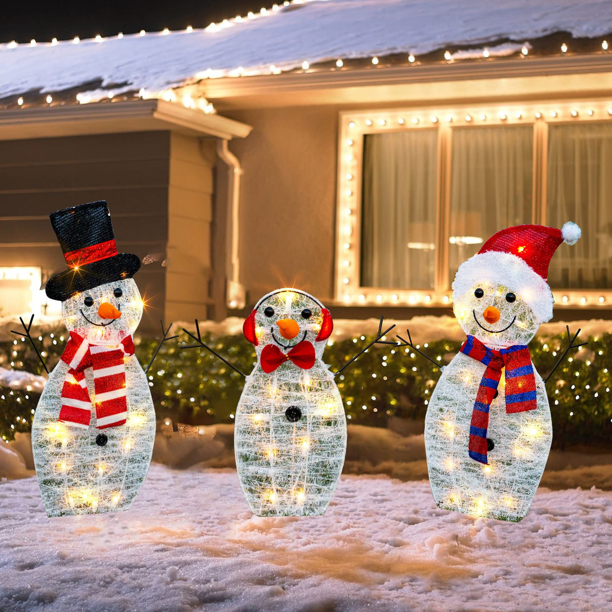 HOURLEEY Christmas Decoration 55 L Lighted Snowman Family Outdoor, 3-Piece Waterproof Plug in 2D Snowman for Yard Patio Lawn Garden Party Decor 20.5X9X29.5Inch-Large (Warm White) Hourleey