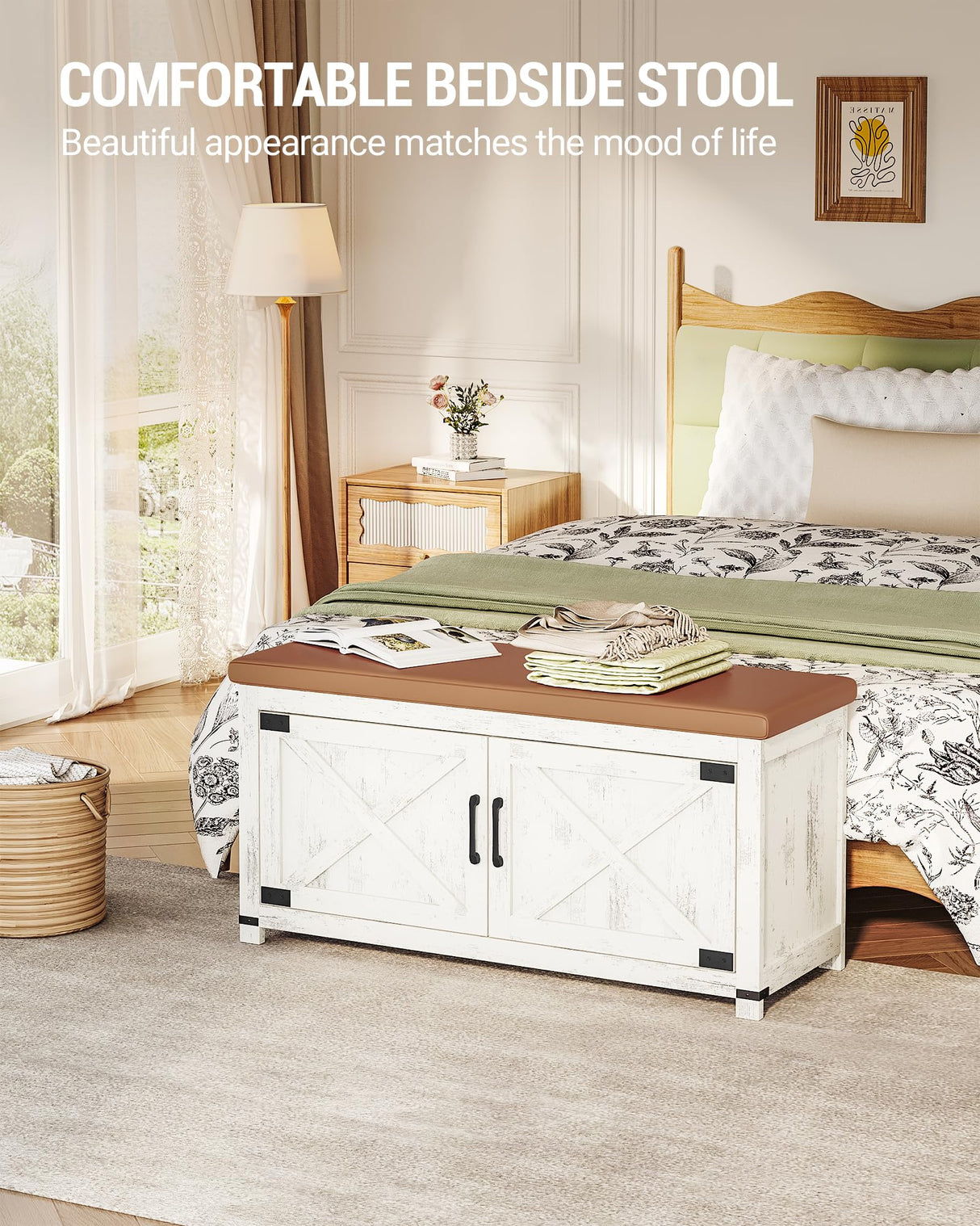 Hzuaneri Farmhouse Shoe Storage Bench, 2 Tier Shoe Bench with Padded Seat Cushion & 2 Barn Doors, Entryway Bench with Adjustable Shelf, Shoe Cabinet for Living Room, Bedroom, Antique White SB26614KA Hzuaneri