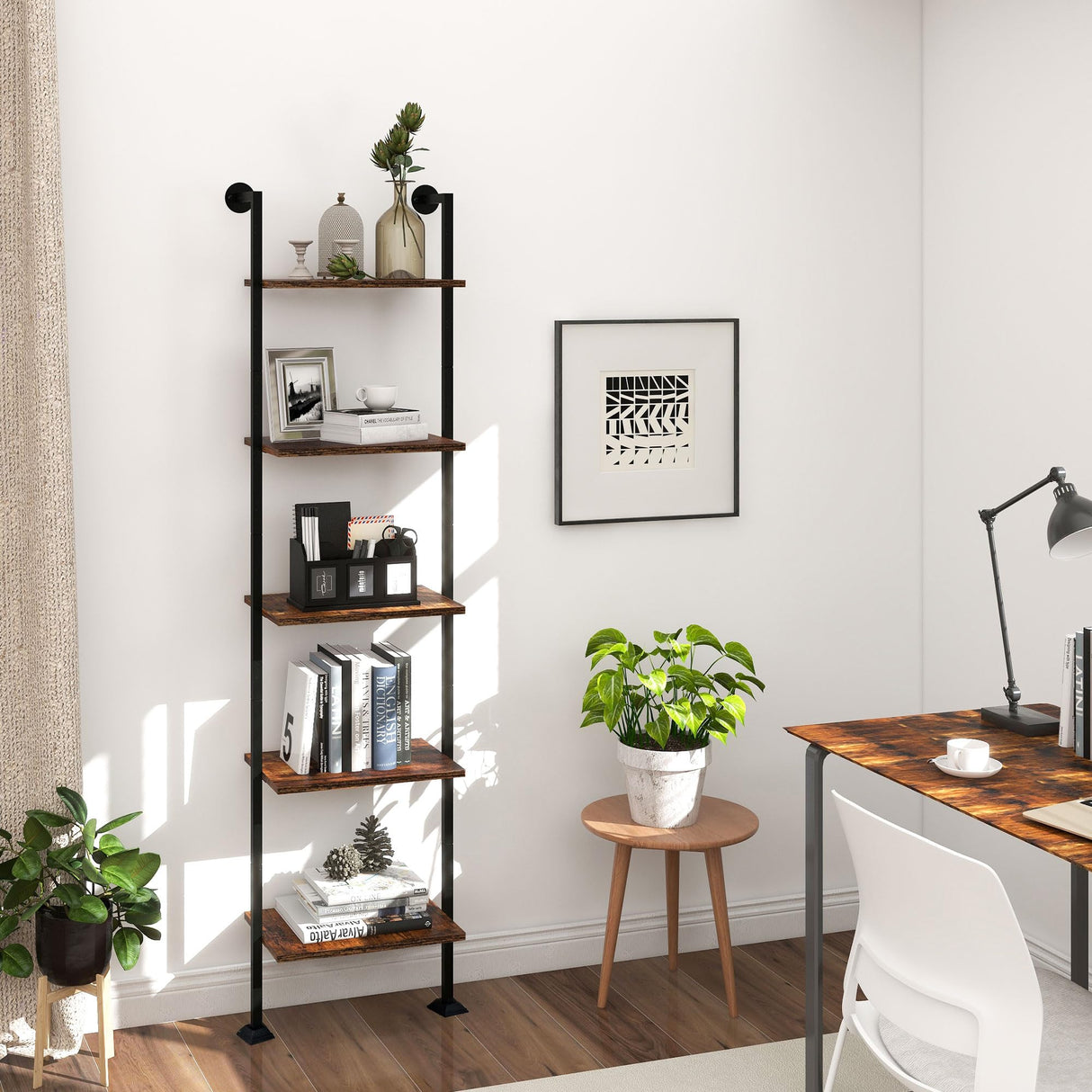 Axeman 5-Tier Ladder Shelf, Tall Narrow Bookcase for Small Spaces, Book Storage Organizer Case for Living Room, Home Office, Study, Industrial Style Black Metal Frame and Rustic Brown Shelf Axeman