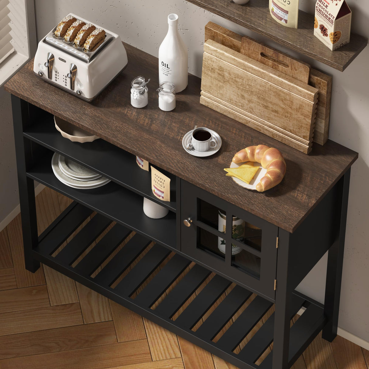 ChooChoo Farmhouse Coffee Bar Cabinet, Buffet Cabinet with Storage, Sideboard Buffet Cabinet with Glass Door, Console Table for Kitchen, Hallway, Entrance, Black ChooChoo