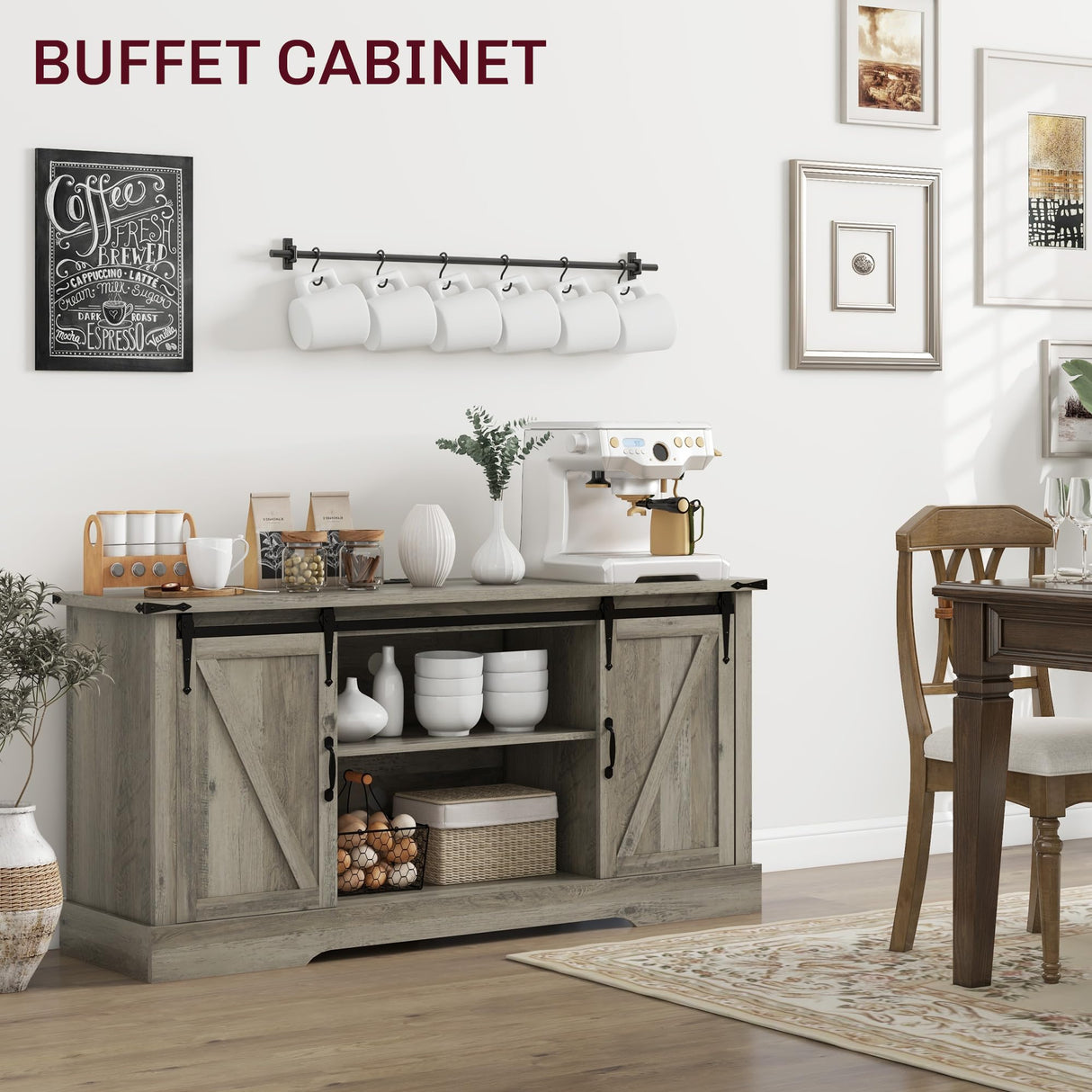 HOMCOM TV Stand Cabinet for TVs up to 65 Inch, Entertainment Center with Charging Station, 59" Farmhouse Media TV Console Table with Sliding Barn Doors, Adjustable Shelves, Gray HOMCOM