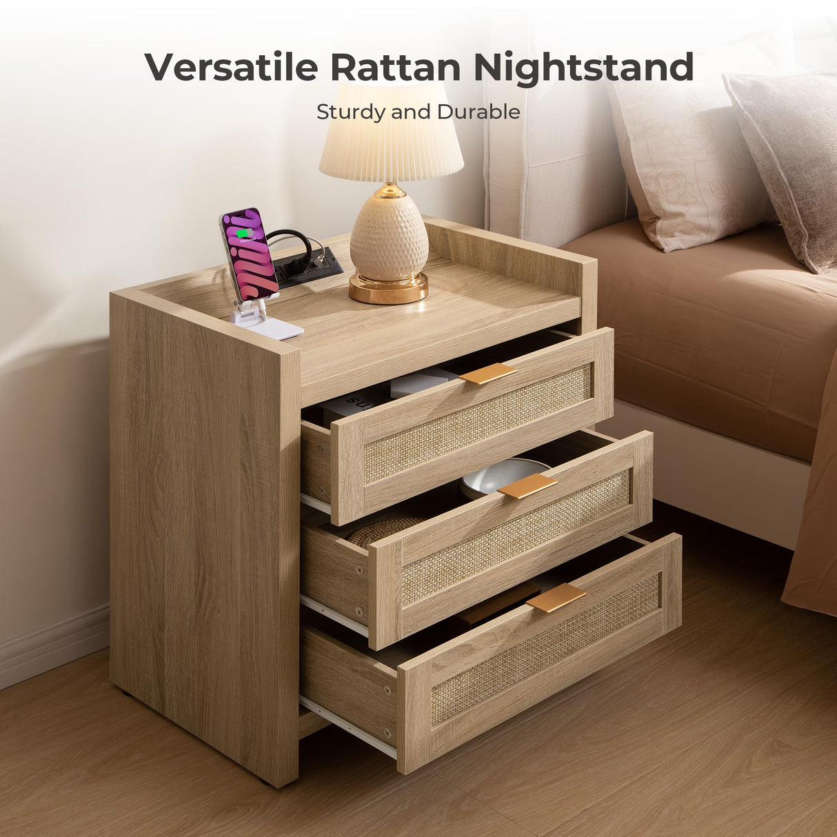 SICOTAS Rattan Nightstands Set of 2 Bedside Table - Larger Night Stand with Type-C Charging Station, 3 Drawers Storage - Boho Night Stands End Table for Bedroom - Light Oak SICOTAS
