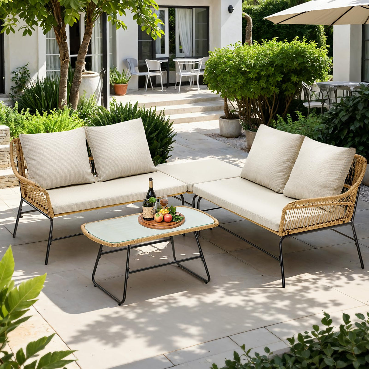 ONBRILL 4-Piece Outdoor Sectional Set, 4-Seats Wicker Patio Couch Sets with Cushion and Tempered Glass Coffee Table, L-Shaped, Olefin Fabric, Waterproof & UV Resistant, Beige ONBRILL
