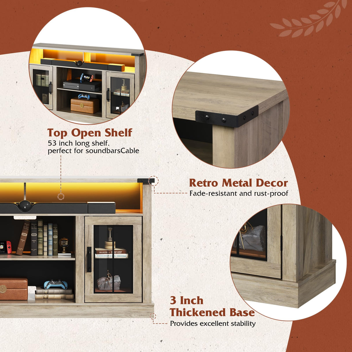 WLIVE Farmhouse TV Stand for 65 Inch TV, Tall Entertainment Center with LED Lights, Mid Century Modern TV Console wirh Open Shelves and Glass Cabinet Doors for Living Room and Bedroom, Gray Oak WLIVE