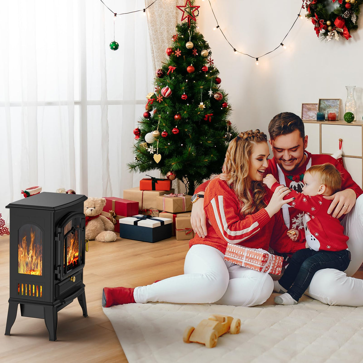 22" Electric Fireplace Heater,Freestanding Fireplace Stove with Realistic Flames,1000/1500W Fireplace Heater with Overheating Protection,Adjustable Flame Brightness(Black) Joy Pebble