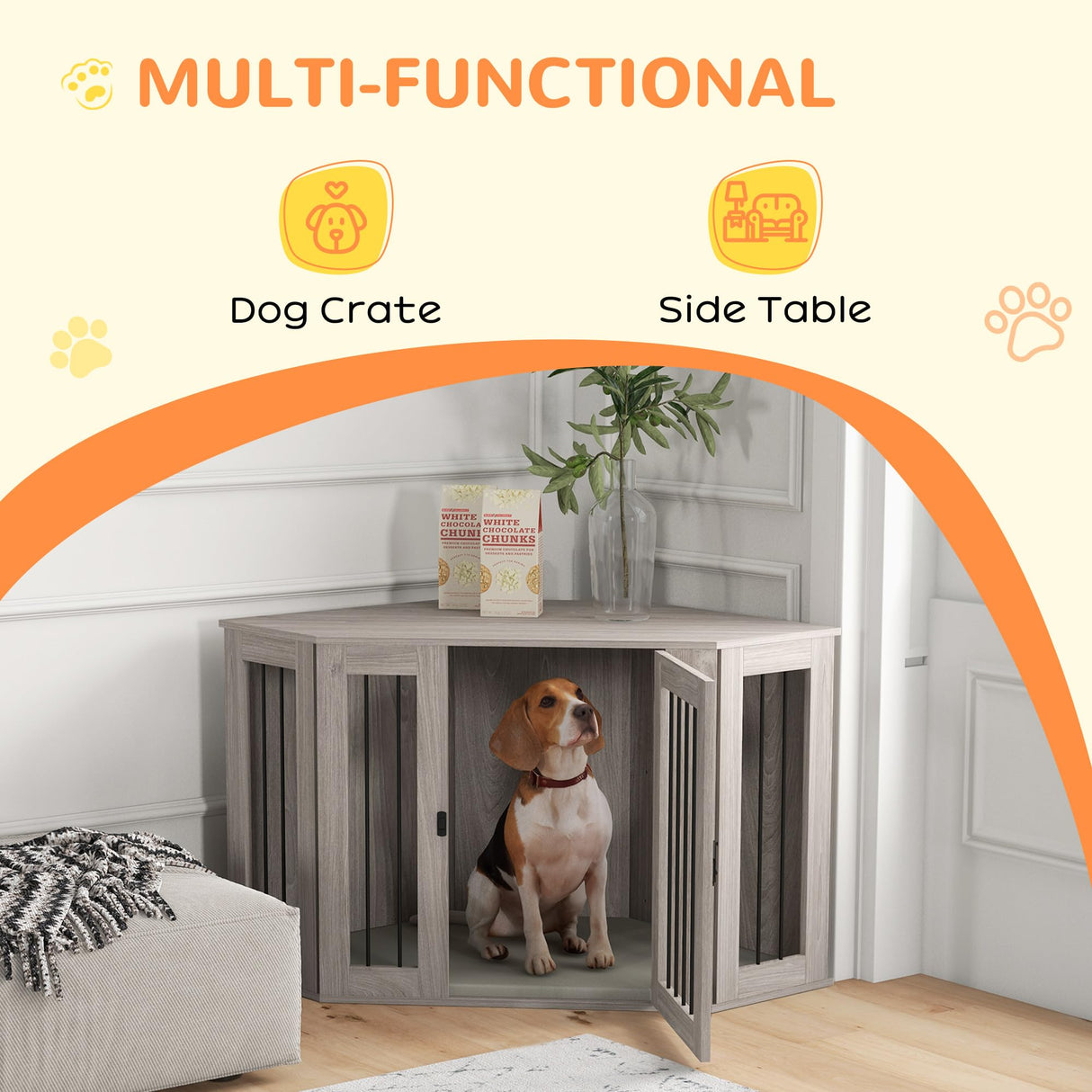 PawHut Corner Dog Crate Furniture, End Table Dog Kennel Furniture with Cushion, Pet Crate for Large-Sized Dog Indoor Use, Walnut Brown PawHut
