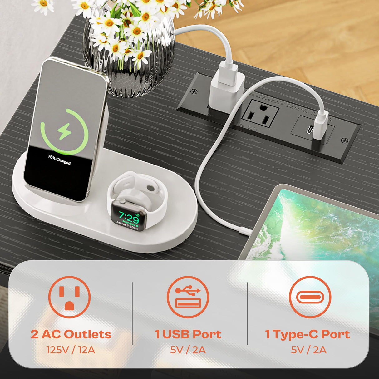 SUPERJARE Nightstand with Charging Station, Bed Side Table with Adjustable Fabric Drawer, Night Stand for Bedroom, 3-Tier Storage End Table, for Living Room, Black SUPERJARE