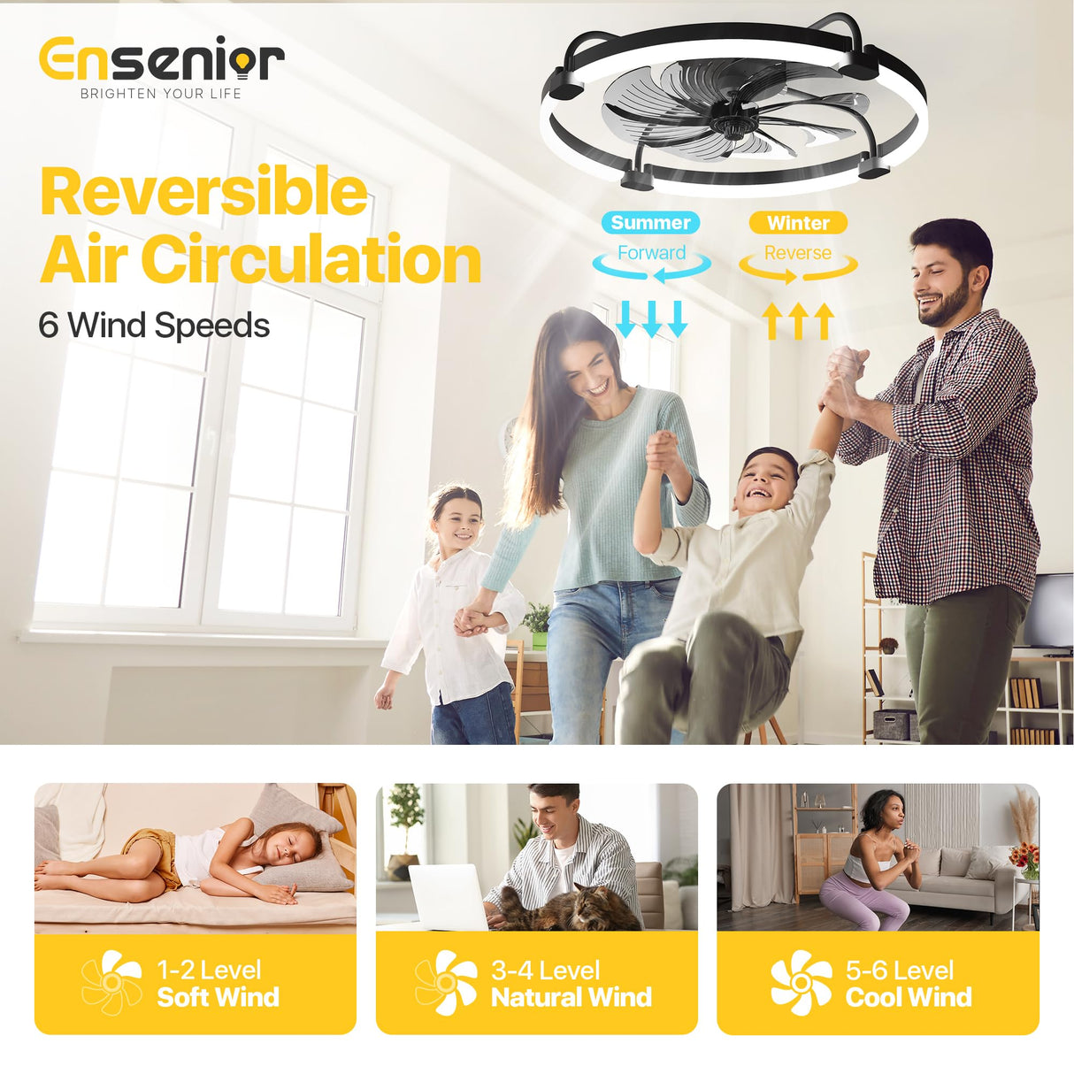 Ensenior 24'' Low Profile Ceiling Fans with Lights and Remote, Fandelier Ceiling Fan Flush Mount, APP Control, 6 Speed & 3000K-6500K Stepless Dimmable Small Ceiling Fan with Light for Bedroom - Black Ensenior