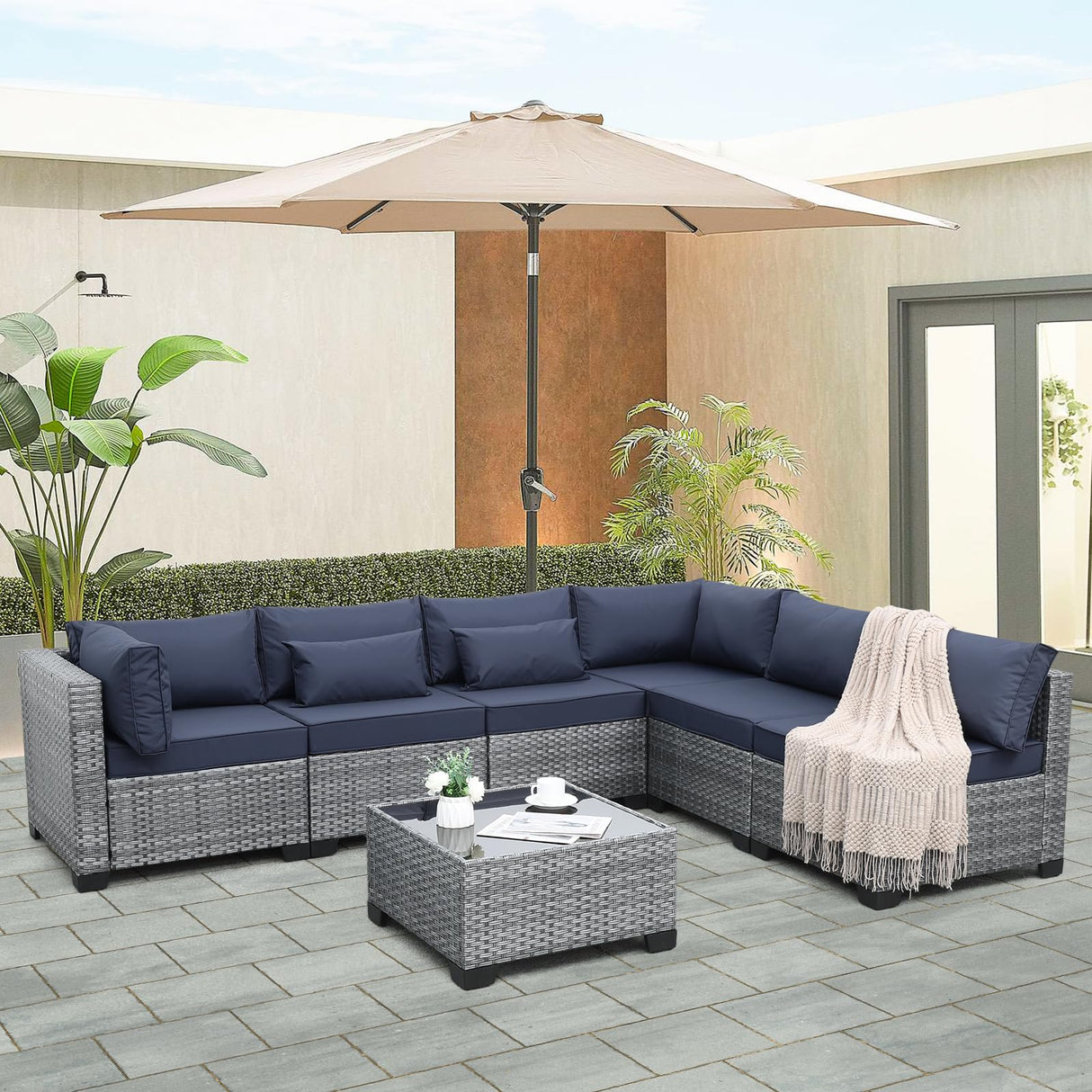 Valita 7 Piece Outdoor PE Wicker Furniture Set, Patio Gray Rattan Sectional Sofa Couch with Washable Dark Blue Cushions Valita