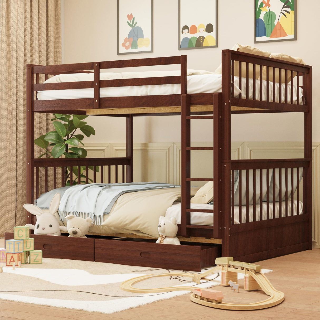 Merax Wood Bunk Bed with Drawers, Full Over Full Convertible Wood Bunk Bed with Ladders and Two Storage Drawers,Solid Wood Detachable Bunk Bed Frame with Ladders, Espresso Merax