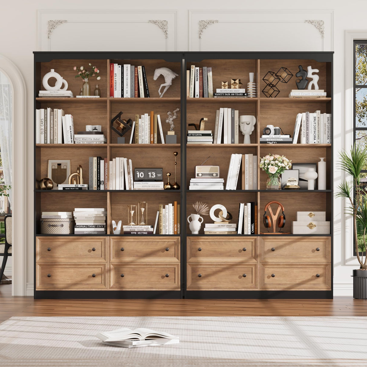 FINETONES 71" Tall Bookshelf with 4 Drawers, 6-Tier Double Wide Bookshelves and Bookcases with Storage, Tall Bookshelf Large Standing Book Cabinet for Home Office, Brown/Black FINETONES