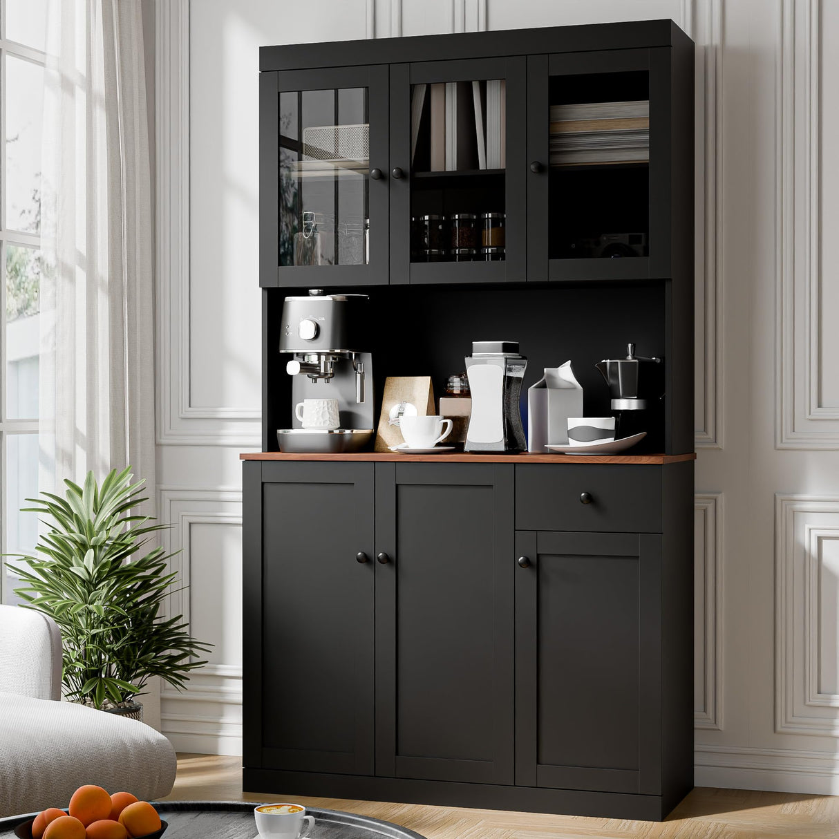 Cozy Castle Tall Kitchen Pantry Cabinet with Microwave Shelf, Modern Large Freestanding Sideboard Cupboard Kitchen Hutch Cabinet with Storage Countertop and Drawer for Dining Room, Living Room, Black Cozy Castle