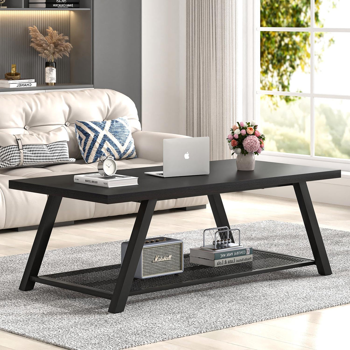FOLUBAN Black Coffee Table, Modern Rustic Wood and Metal Living Room Table with Storage Shelf, Industrial Rectangle Cocktail Tea Table, 47 Inch