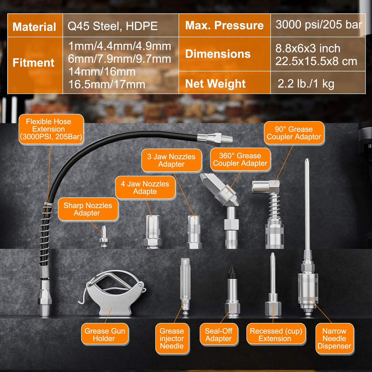 HTOMT 11pcs Grease Gun Lubrication Accessory Kit,360° Grease Coupler Adapter Multi-Function Quick Connects to Any Grease Fit on Any Machine,Connect Greasing 3 Types of Nozzles,Flexible Hose Extension HTOMT