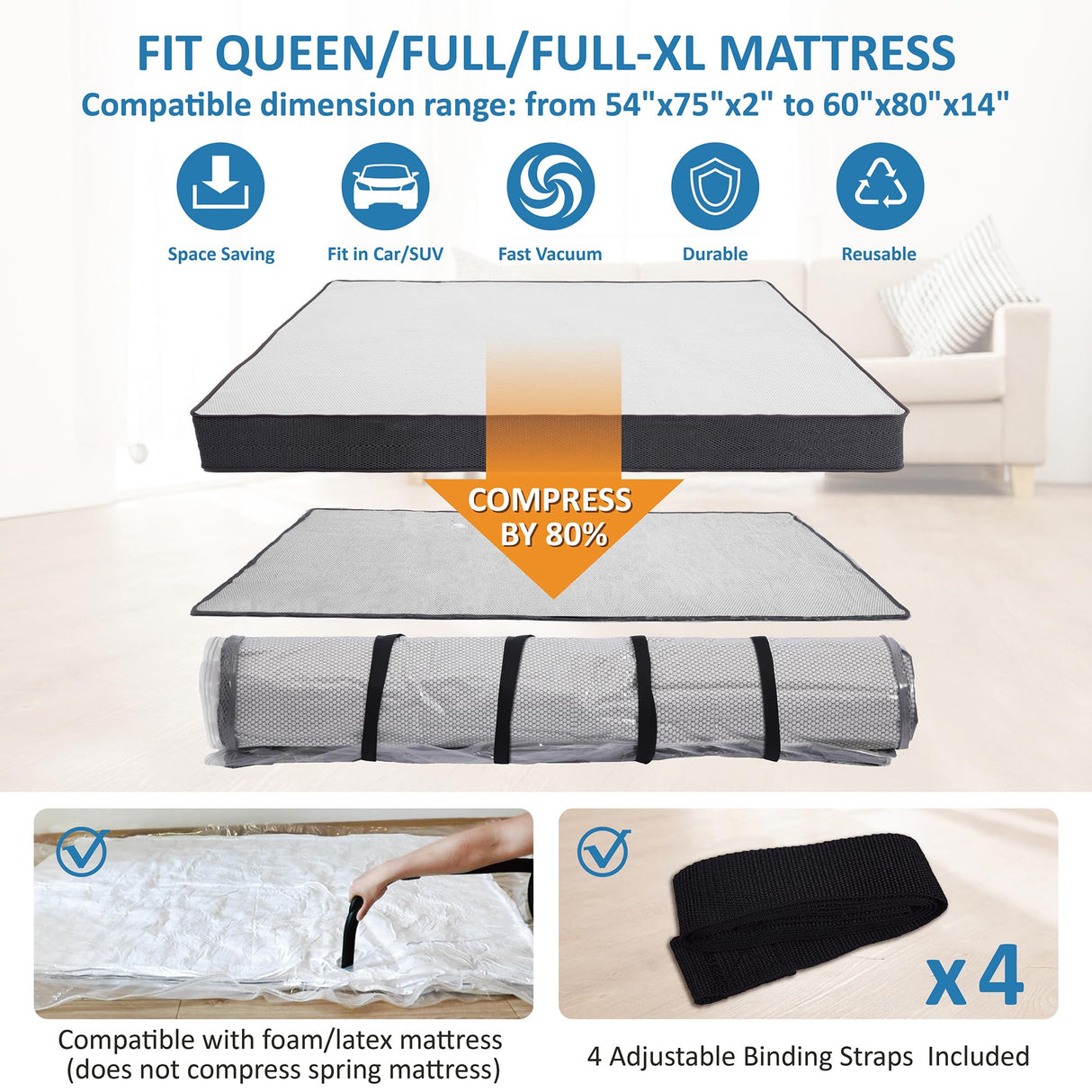 Queen/Full/Full-XL Foam Mattress Vacuum Bag for Moving, Vacuum Seal Mattress Bag with Straps Storage Logic
