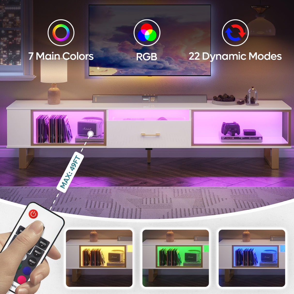 Bestier 80 Inch TV Stand for 65/75/85/90 Inch TVs, LED Gaming Entertainment Center with Open Storage and Half-Glass Design Drawer, Modern High Gloss Media Console for Living Room, White and Gold Bestier