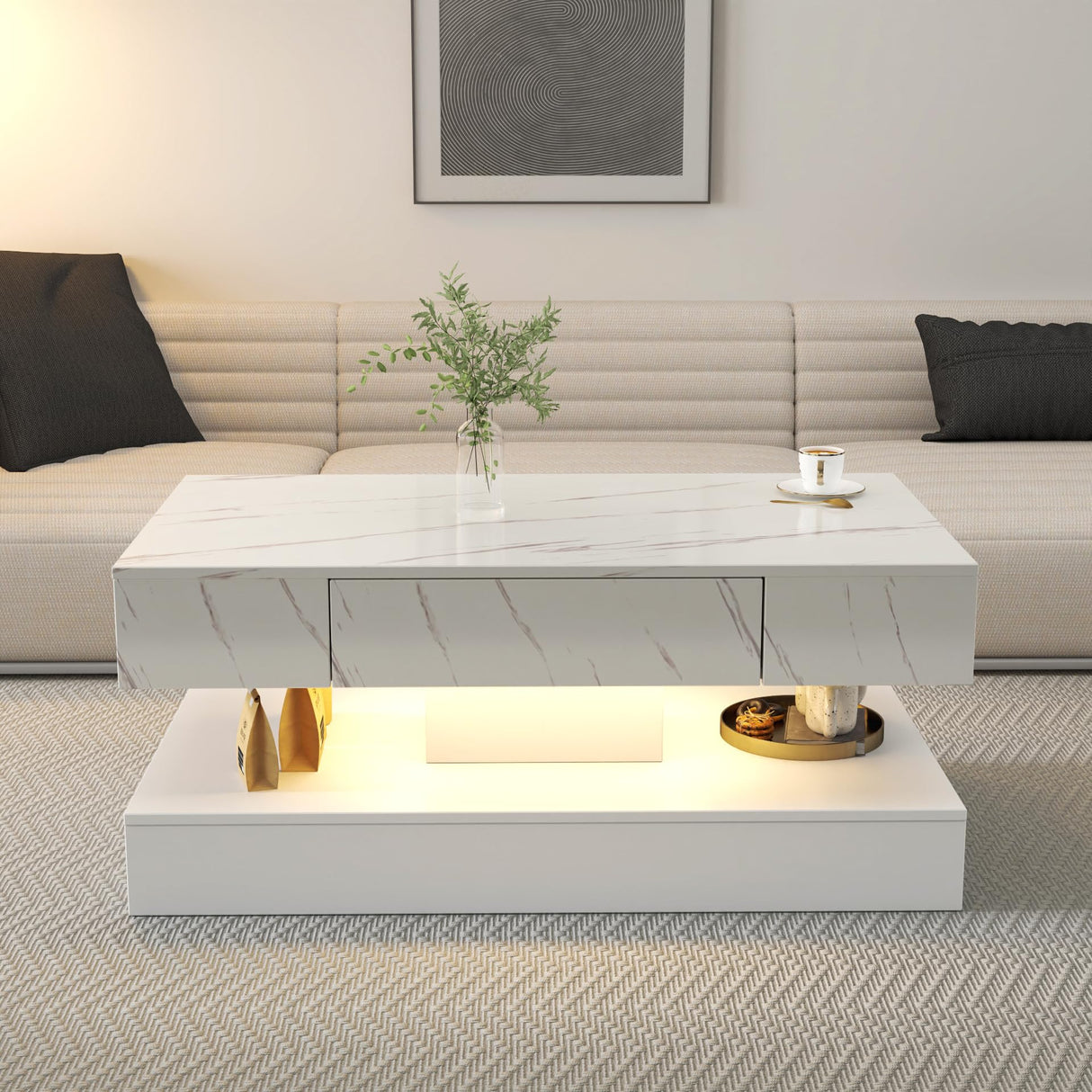 LED Coffee Table with Drawers, Rectangular 2 Tier Center Table with LED and Drawers for Living Room, Modern Center Table with Storage, White SOFTSEA