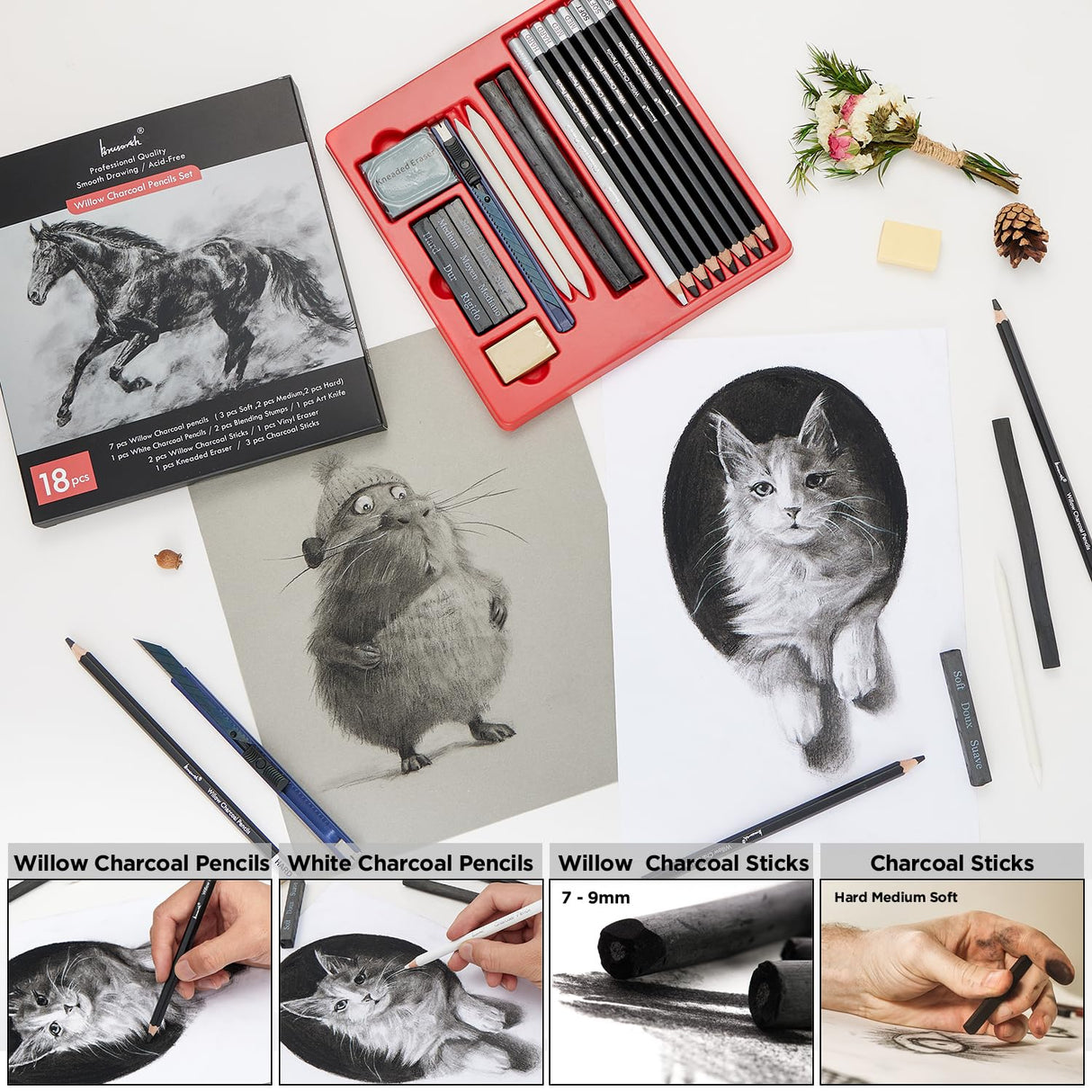 Brusarth Charcoal Pencils for Drawing, 18 Pcs Art Pencil Kit, Professional Sketching Pencil, Art Supplies for Drawing, Shading, Sketching, Blending, Artist Pencils for Beginners & Artists Brusarth