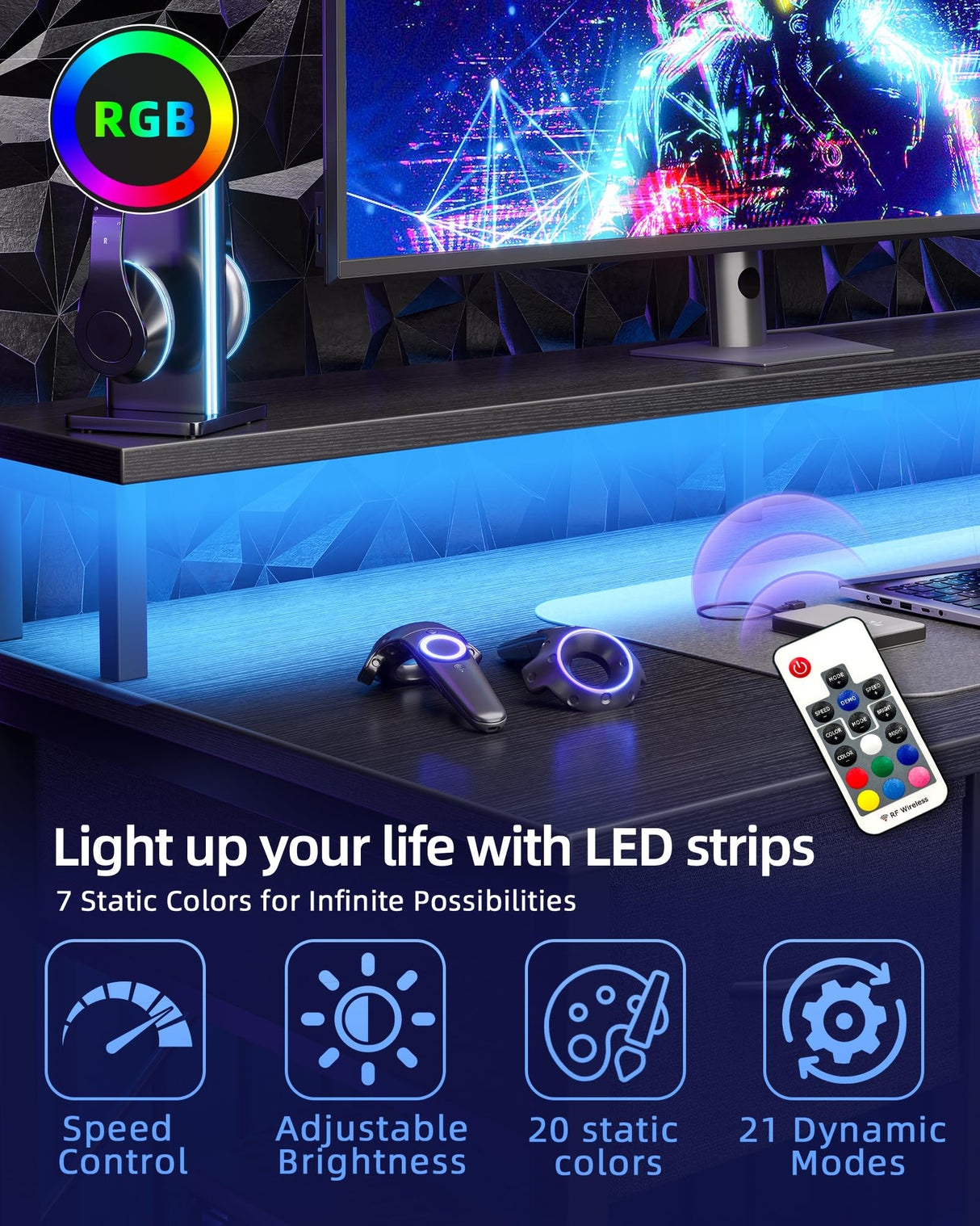 TIQLAB Computer Desk with Drawers and Power Outlets, 47 Inch Gaming Desk with LED Lights, Home Office Desk with Monitor Stand and Keyboard Tray, Study Writing Work Desk for Home Office, Black TIQLAB