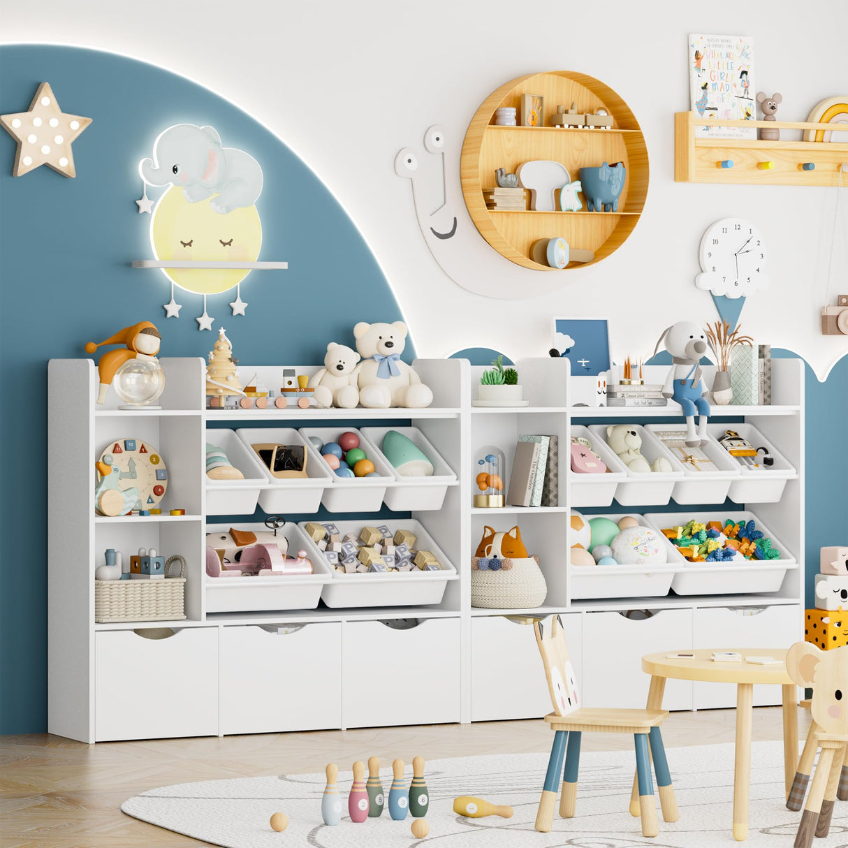 FACBOTALL Toy Storage Organizer with 3 Movable Drawers, Kids Bookshelf with 6 Plastic Bins & 2 Storage Cubbies, Toy Chest with Hidden Wheels, Toy Storage Box for Playroom, Classroom, Kids Room, White FACBOTALL