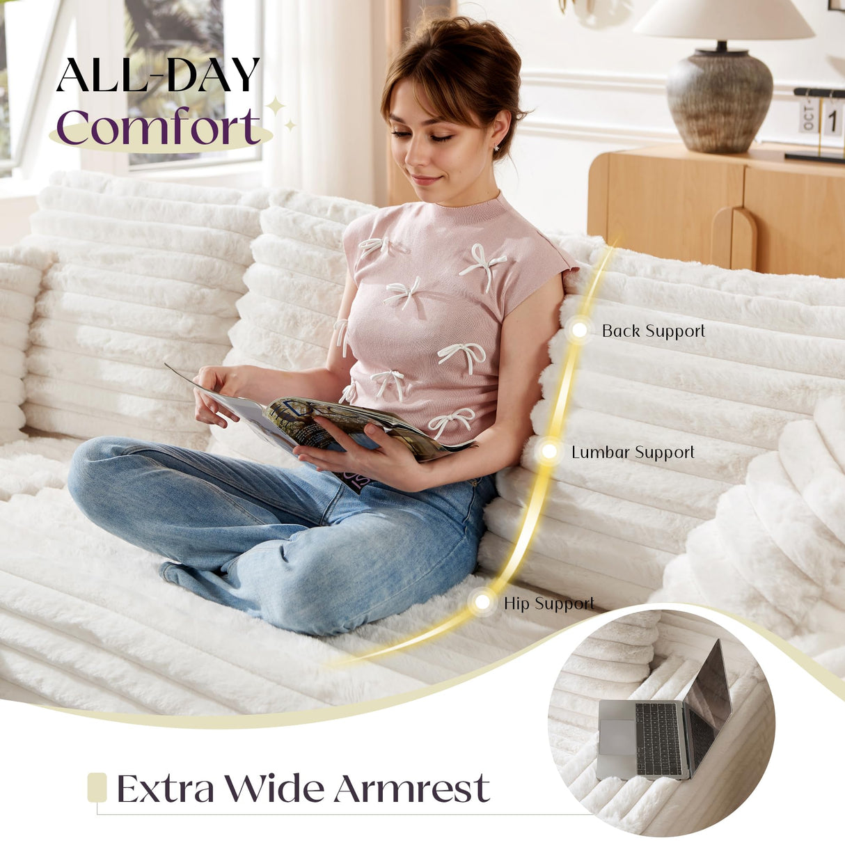 VanAcc 106" Oversized Modular Sectional Sofa, Deep Seat Cloud Couch with Corduroy Upholstery, L Shaped Boneless Sofas, Easy No-Assembly Lounge Couches for Living Room, Cream VanAcc