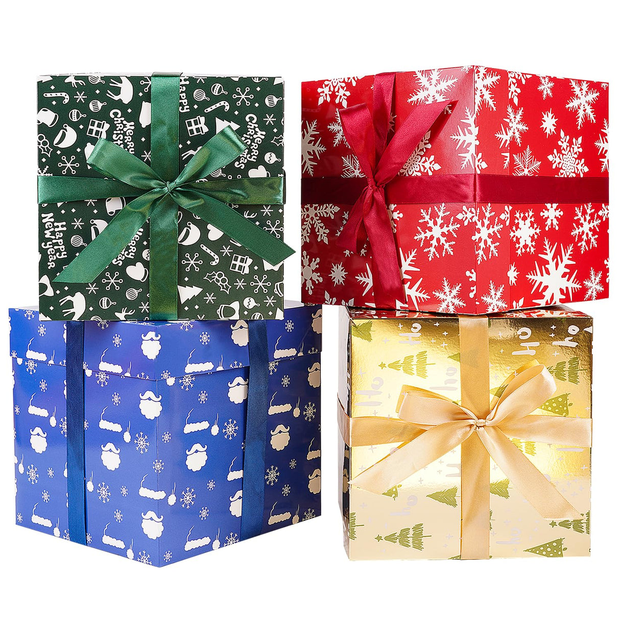 JWSCYSY Assorted Designs Christmas Gift Boxes with Lids, Tissue Papers and Ribbons, Medium Square Gift Boxes - 4 Pcs (8.7 Inch), Gift Wrapping Christmas Holiday New Year Presents Party Favor Boxes. JWSCYSY