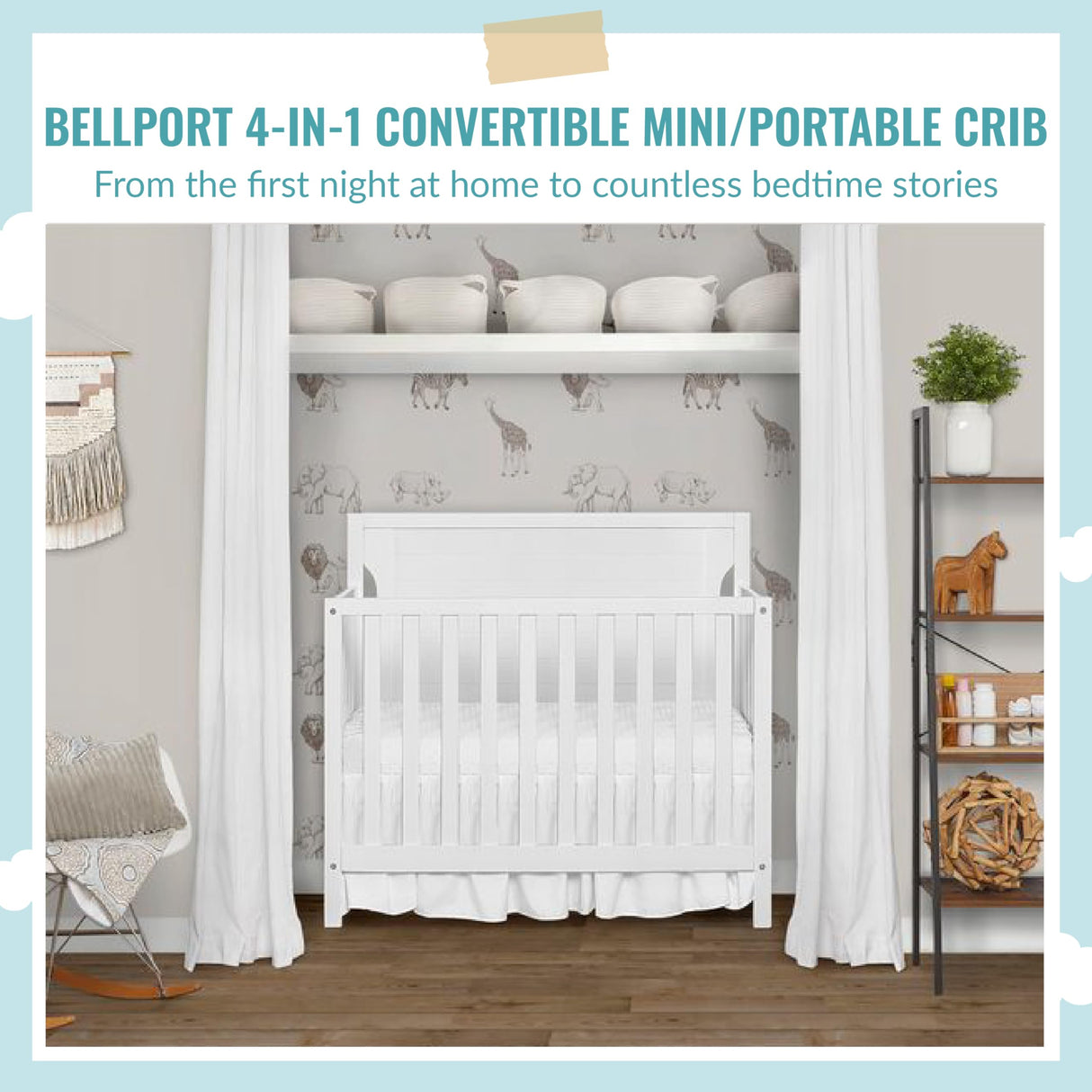 Dream On Me Bellport 4 in 1 Convertible Mini/Portable Crib In White, Non-Toxic Finish, Made of Sustainable New Zealand Pinewood, With 3 Mattress Height Settings Dream On Me