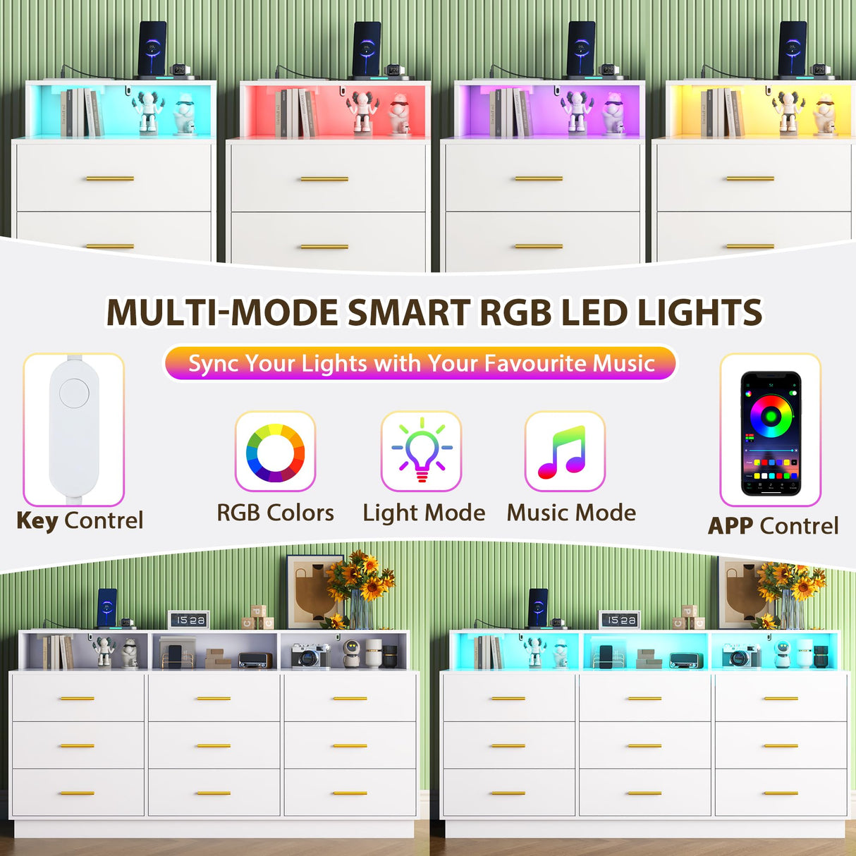 knoworld White 9 Drawer Dressers for Bedroom, Modern Large Dresser with LED Light and Power Outlet, Wooden Long Dresser, Triple Dresser for Bedroom, Living Room, Entryway, Hallway knoworld