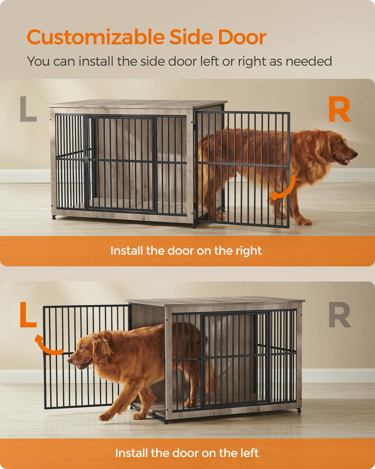 Feandrea Dog Crate Furniture, 43.3" Side End Table, Modern Kennel for Dogs Indoor up to 80 lb, Heavy-Duty Dog Cage with Enclosed Base, Double-Door Dog House, Heather Greige UPFC024G01 Feandrea